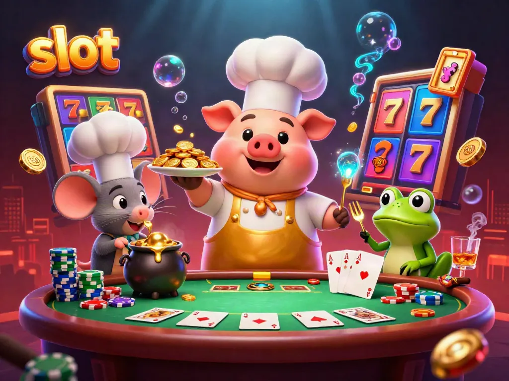 Engage with slot games through this vibrant 3D scene featuring a cartoon chef, sous-chef, and food critic.