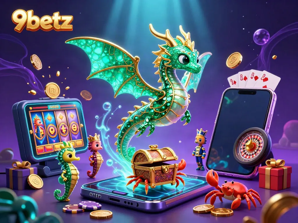 Experience the magical world of 9betz with a vibrant, animated casino scene featuring a sea dragon and treasure chest.