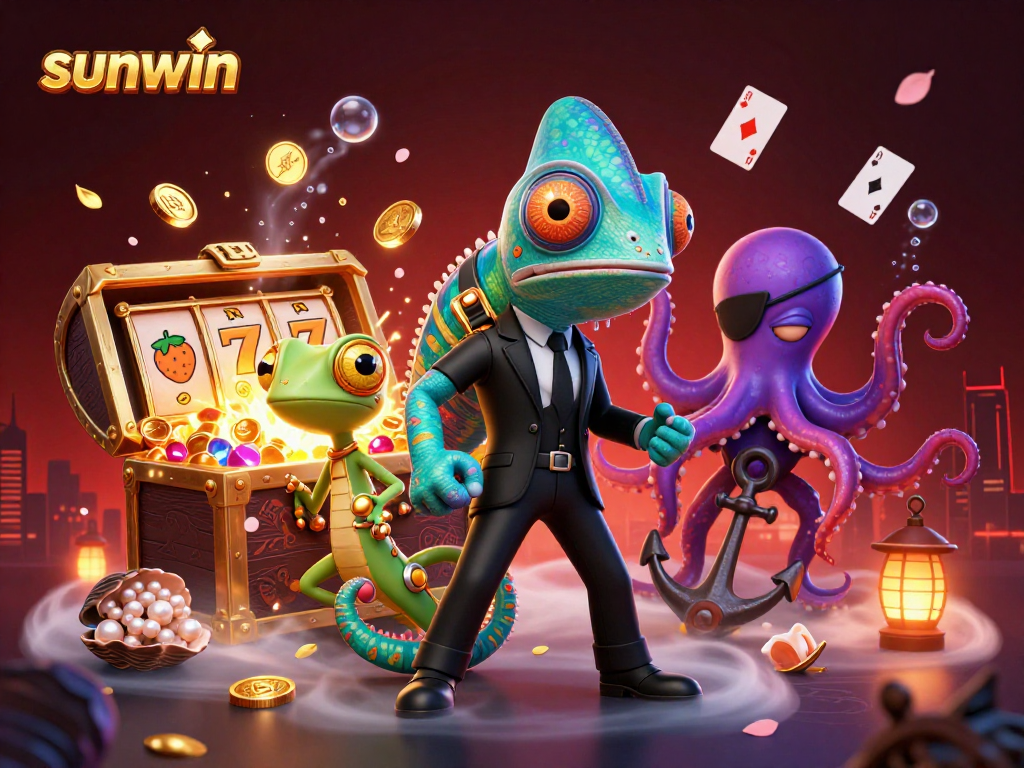 Join the sunwin adventure with a Bond-style chameleon in a vibrant casino scene.