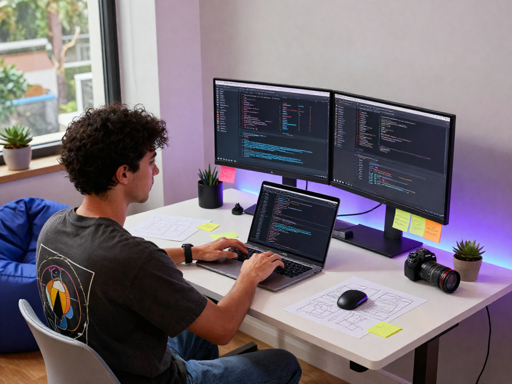 App development workspace featuring http://debet-app.com with coding setup and creative atmosphere.