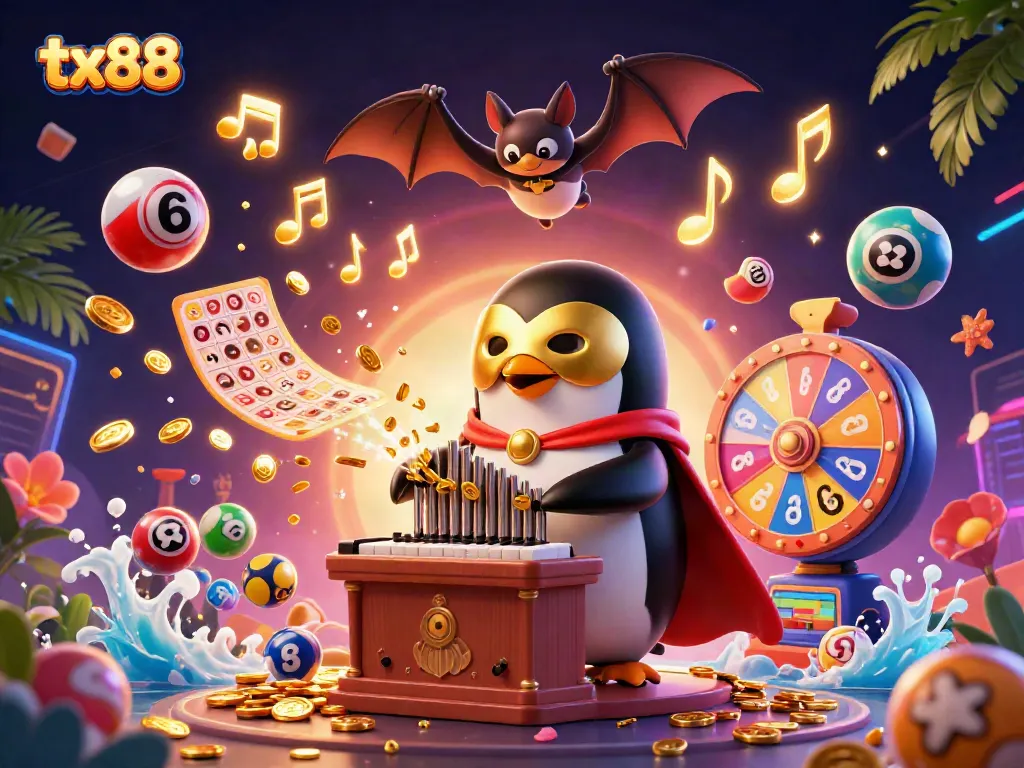 Experience soaring wins at tx88 with a playful casino scene featuring a penguin and dynamic game elements.