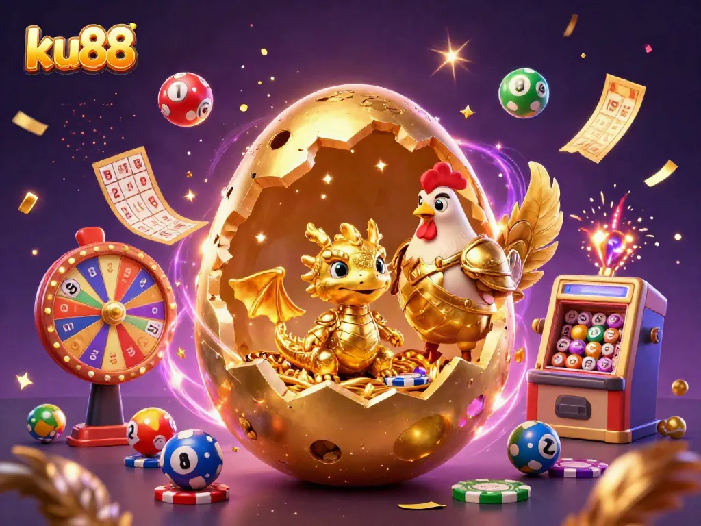 ku88 reveals a golden dragon on poker chips amidst vibrant lottery elements and confetti.