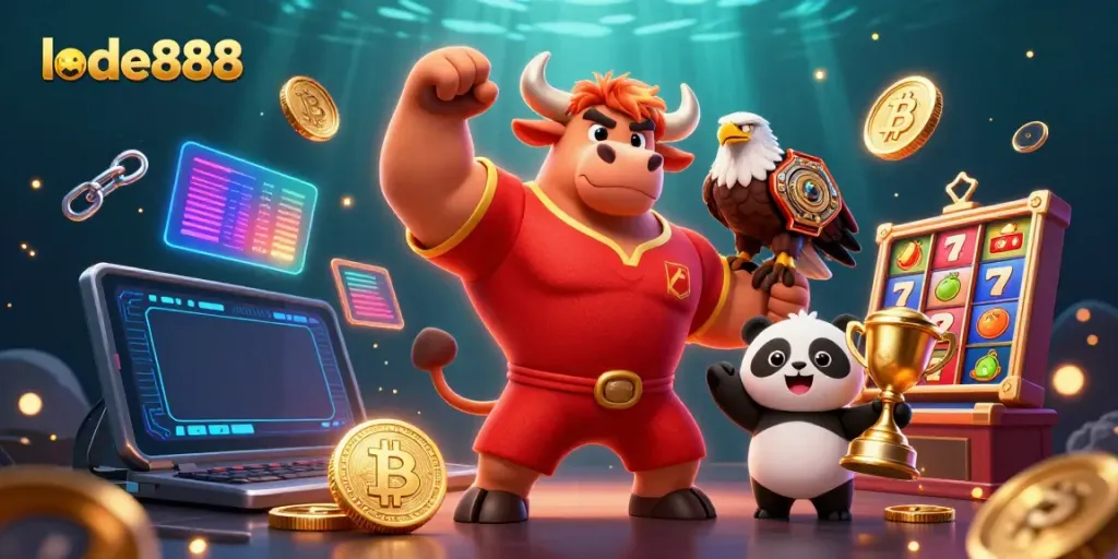 Experience the excitement of lode888 with a muscular bull mascot and panda amid glowing coins and festive slot games.