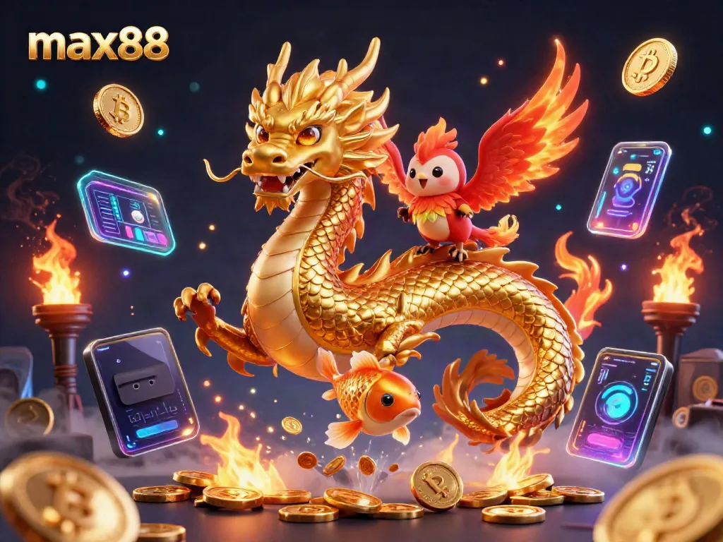 Experience the thrill of max88 with a vibrant dragon, phoenix, and koi fish amid glowing cryptocurrencies.