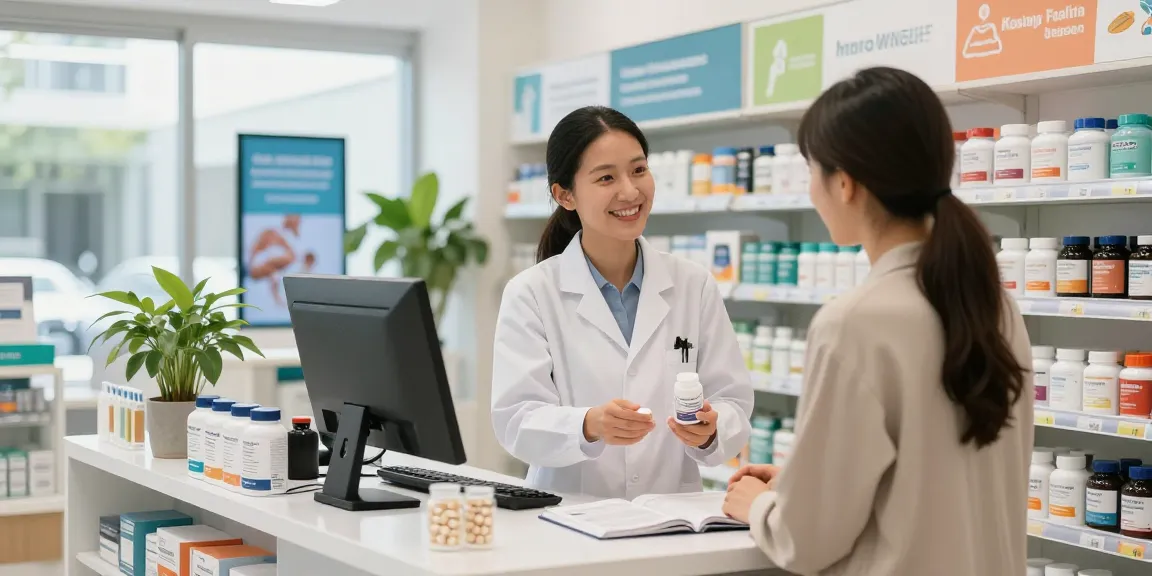 Medi Pharma Shop mit einem Apotheker, der einem Kunden hilft, und dabei Gesundheitspräparate und Wellnessprodukte präsentiert.