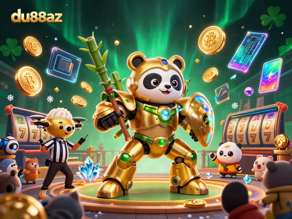 Engage with du88az's lively 3D casino world as a golden panda battles in a vibrant arena.