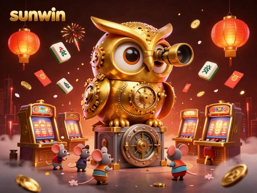 Engage with sunwin's vibrant online casino experience featuring a lively 3D scene filled with golden details and festive elements.