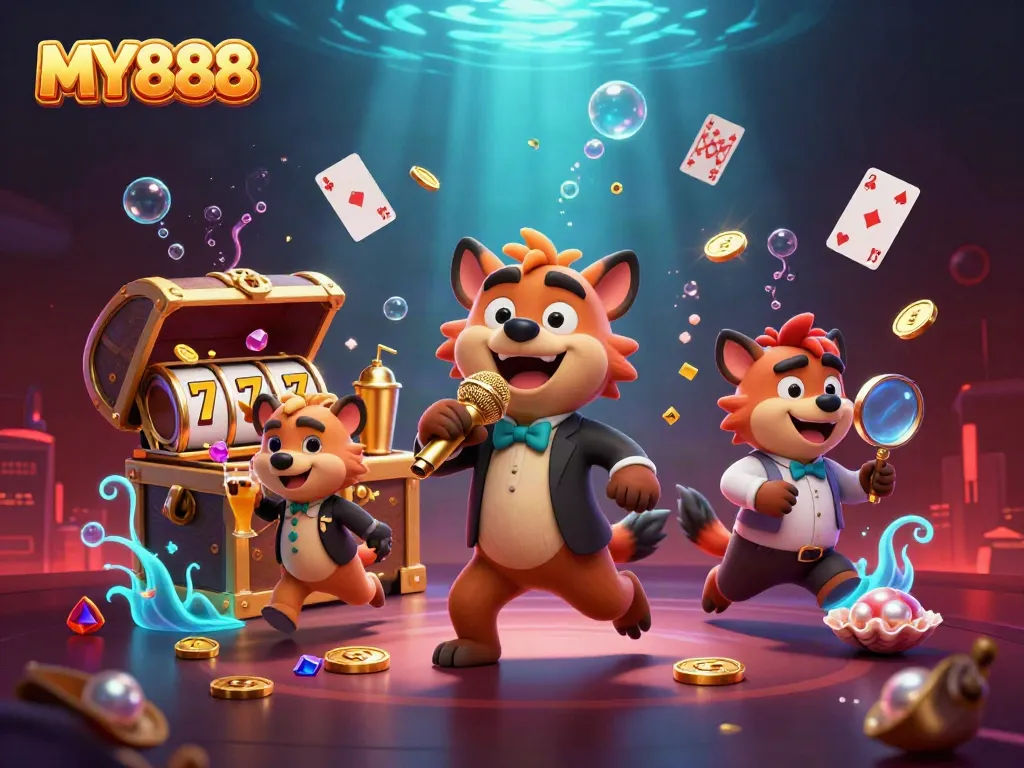 MY888 hyenas in a vibrant casino club scene with a stand-up comedian, bartender, and bouncer.