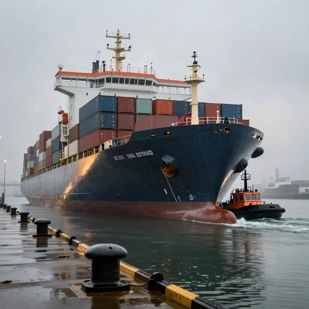 Riesiger Containerschiff-Bug am Kai mit orangefarbenem Kran, nassem Wasser und Gischt im Morgenlicht.