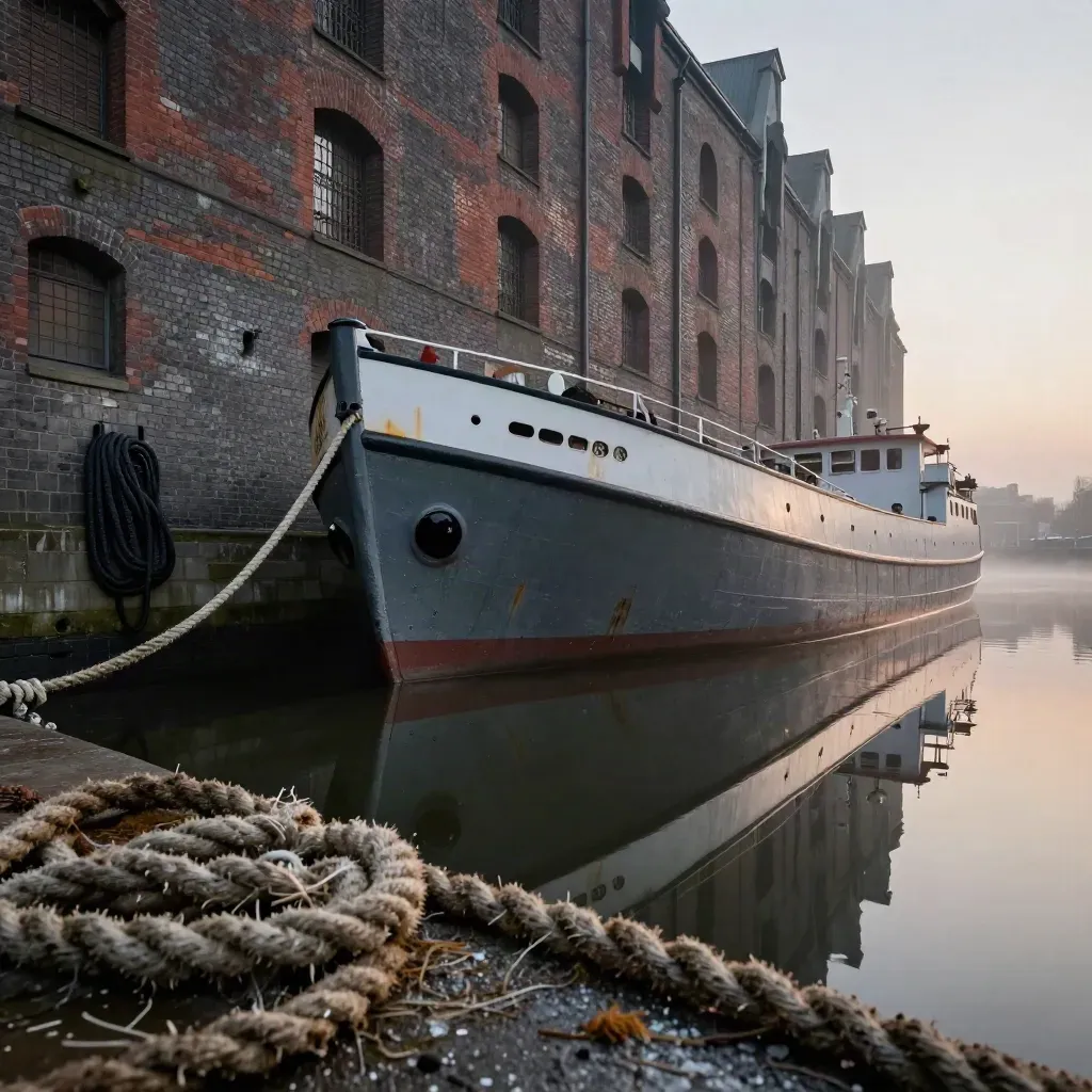 Ruhiges Binnenschiff an Bremens Speicherufer mit nassen Backsteinen und Leinen
