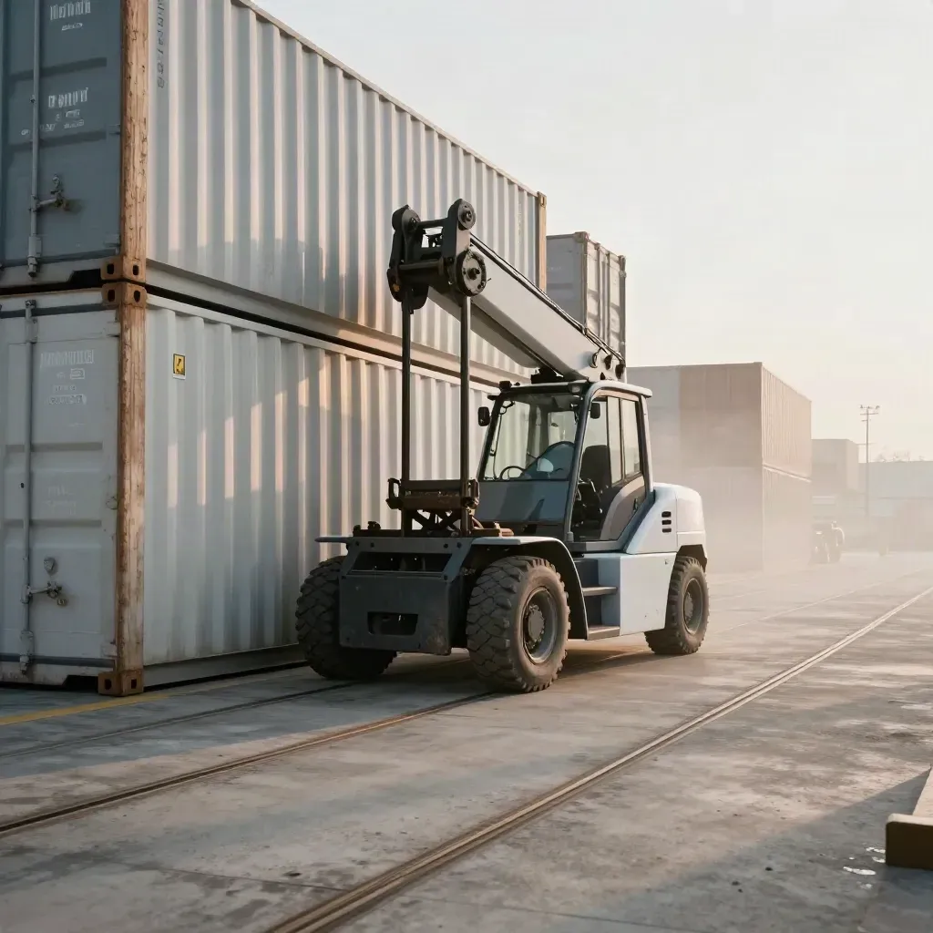 Reachstacker hebt im Morgengrauen einen Container am Hafen, Reifenspuren im Beton.