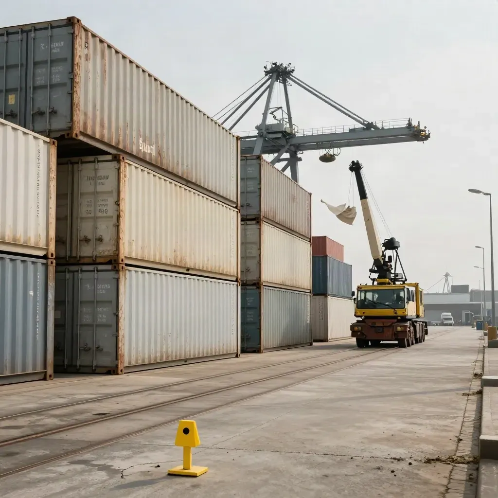 Terminal Süd mit Containerstapeln, Portalkran und flatternder Plane im Wind