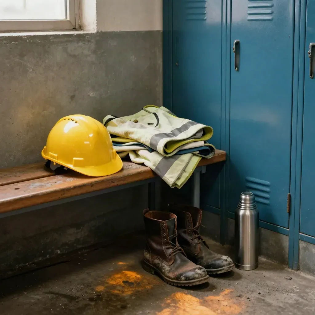 Gelber Helm, Warnweste, Stiefel und Thermoskanne auf einer Bank im Schichtwechselraum.