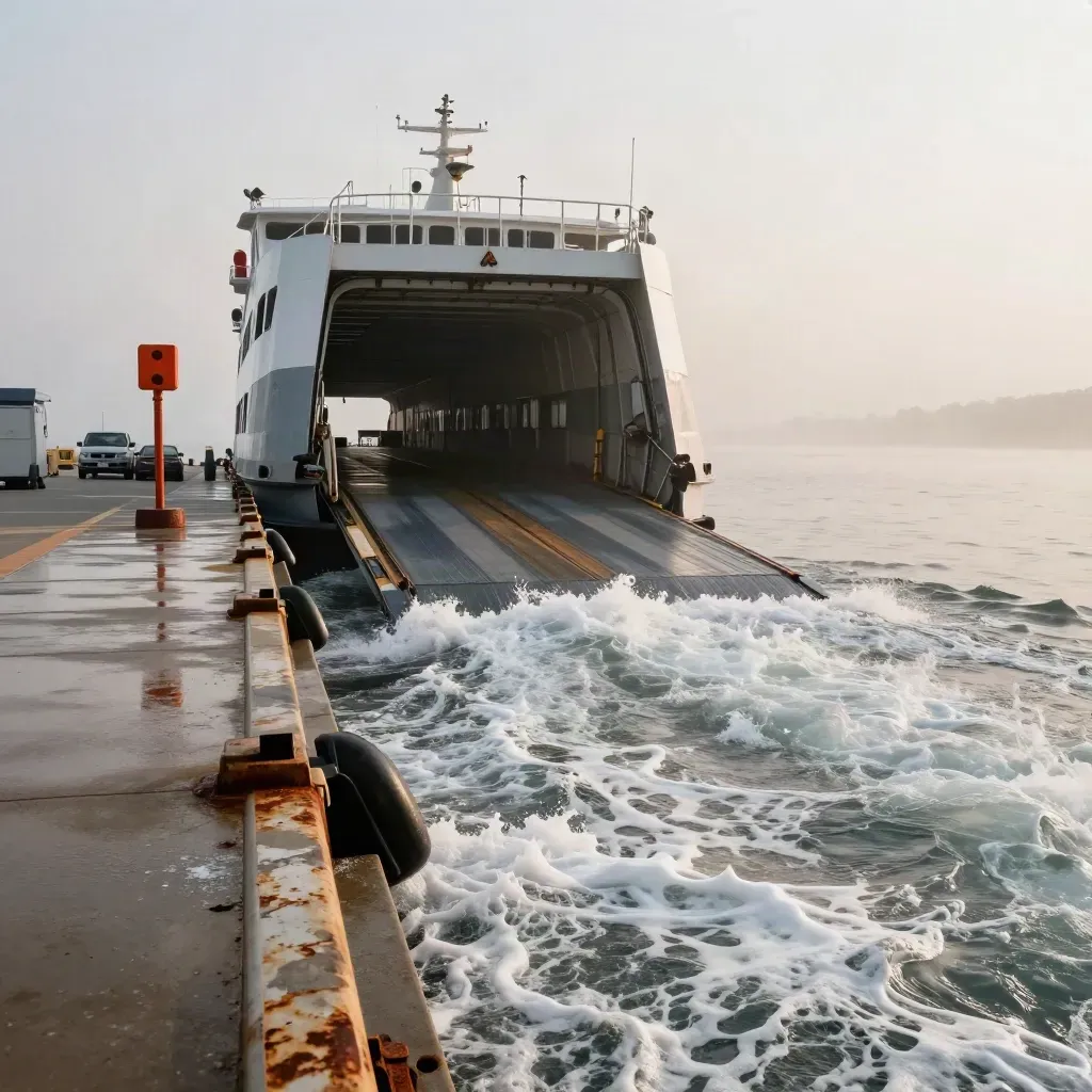 Fähre legt im Morgenhafen an, Rampen offen, Autos warten im Dunst.
