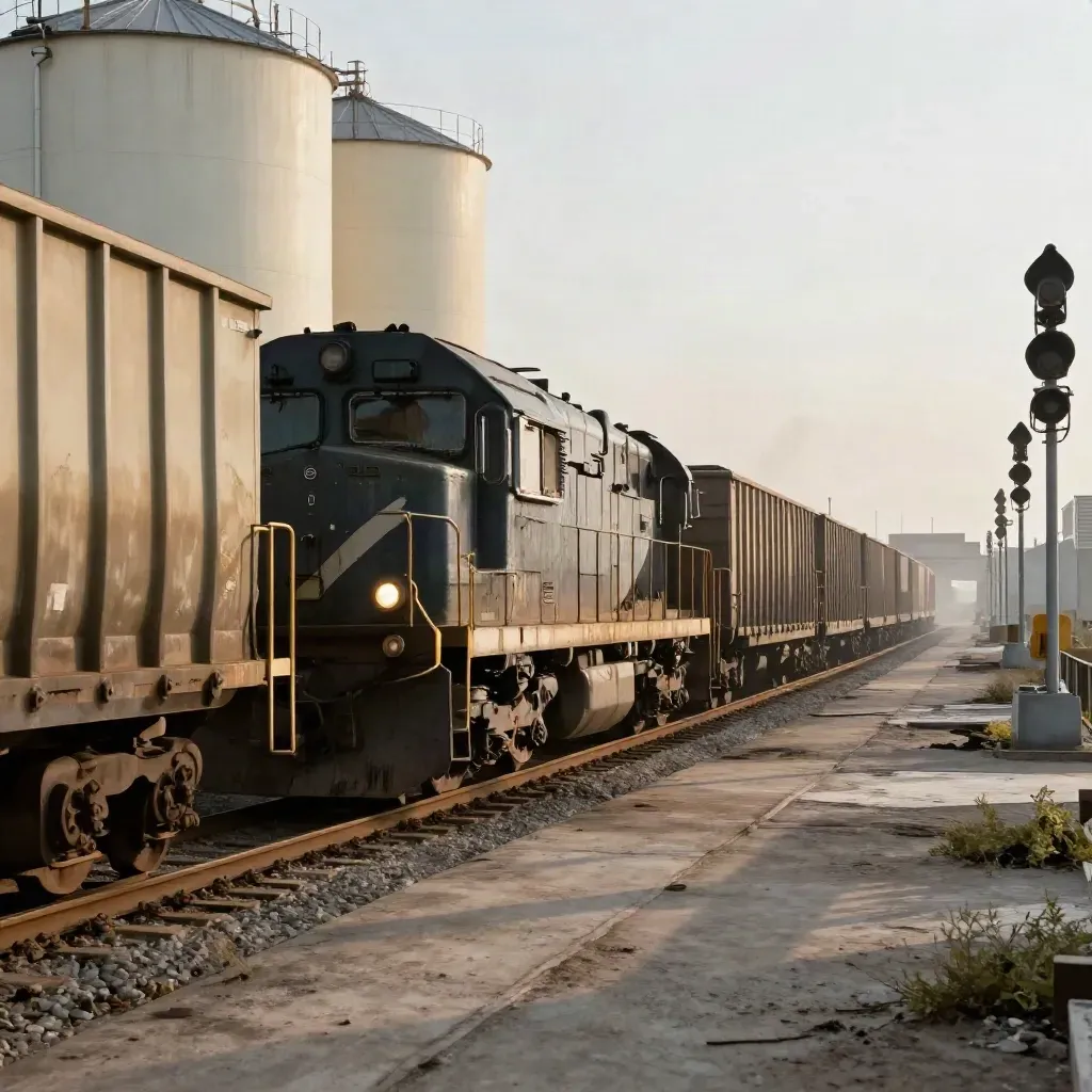 Güterzug am Hafenbahnhof mit Silos und Signalmasten, die Lok zieht in die Kurve.