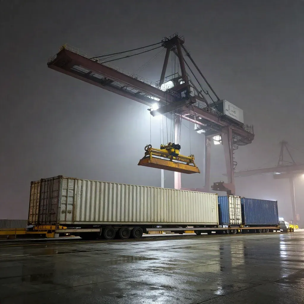 Nachtszene im Hafen: Kran hebt Container über nasser Fahrbahn im Dunst.