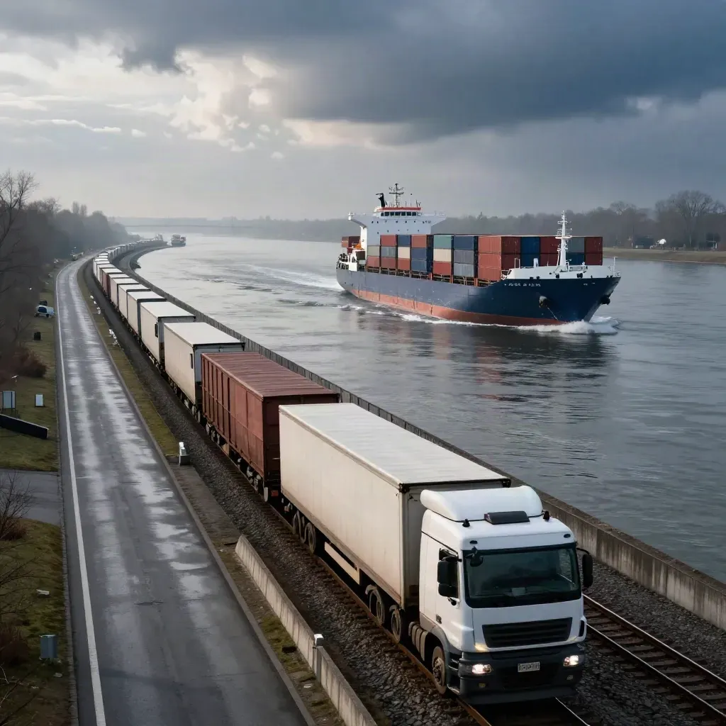 Trucks, Bahn und Schiff kreuzen sich am Elbufer im dichten Verkehr.