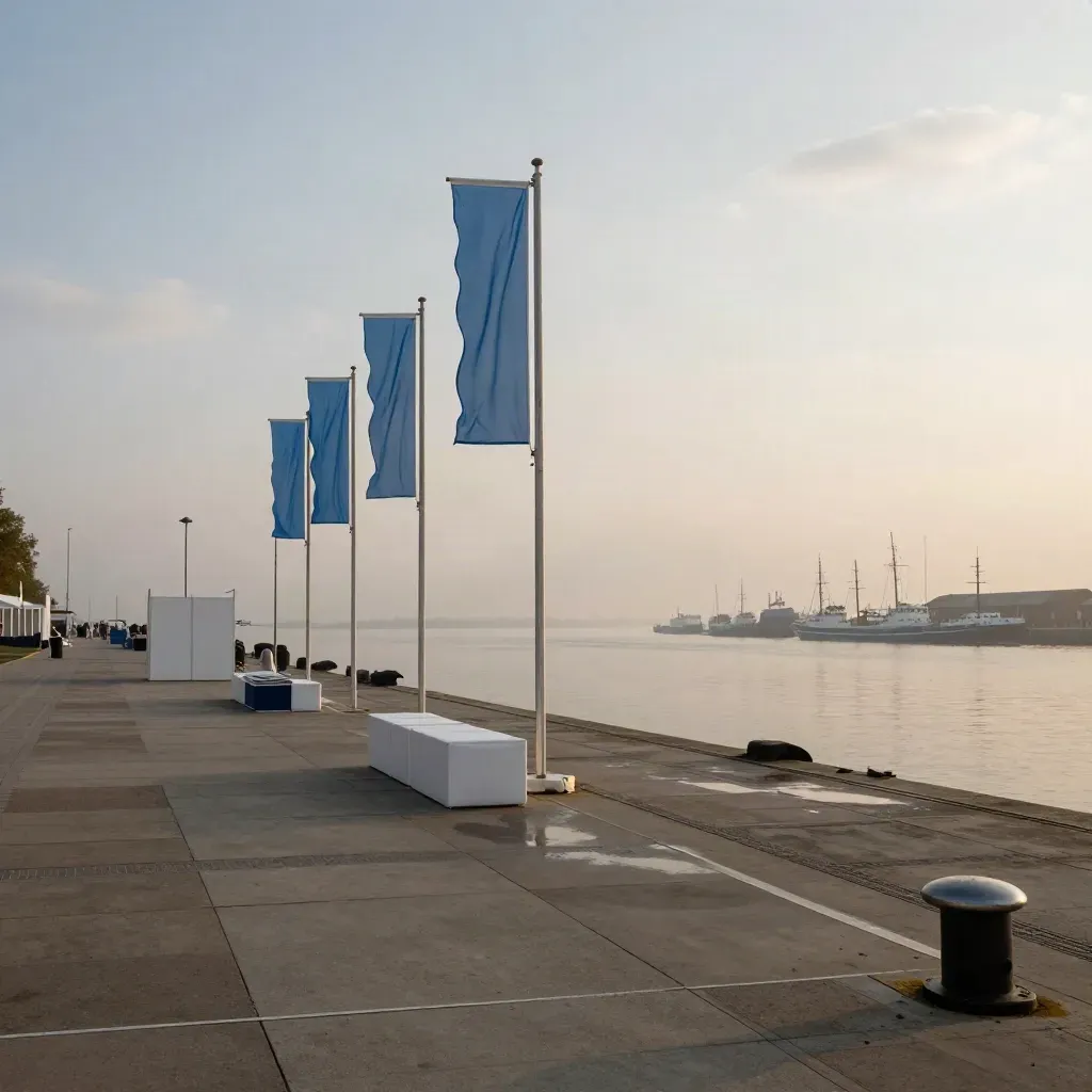 Leere Veranstaltungsfläche am Bremer Hafen mit Fahnen und ruhigem Wasser im Abendlicht