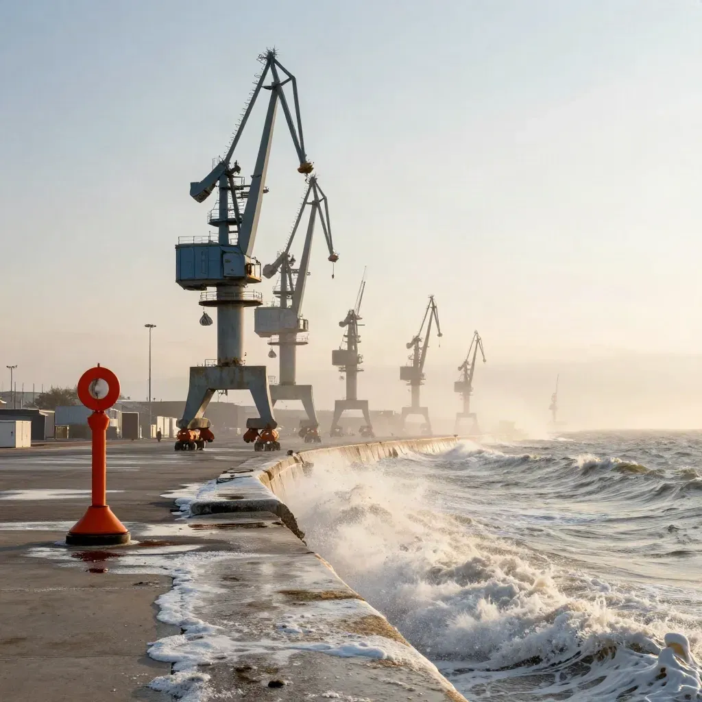 Blick vom Deich auf Nordsee-Kräne, Brandung und salzigen Wind über dem Hafen.
