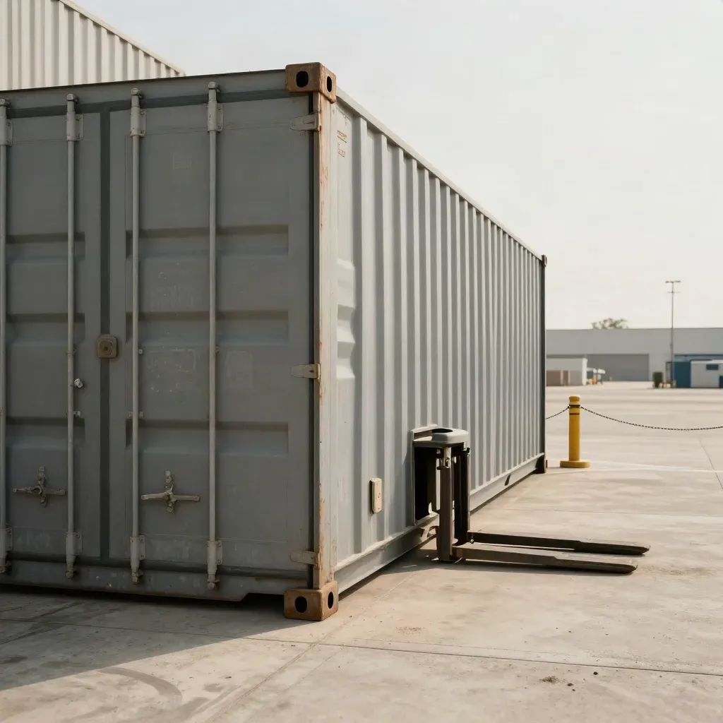Verschlossener Containerblock an der Zollspur mit Staub, Siegeln und freier Kontrollbucht.