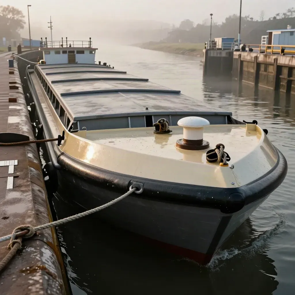 Binnenschiff gleitet im Morgendunst an der Schleuse vorbei, Wasser und Uferkante spiegeln ruhig.