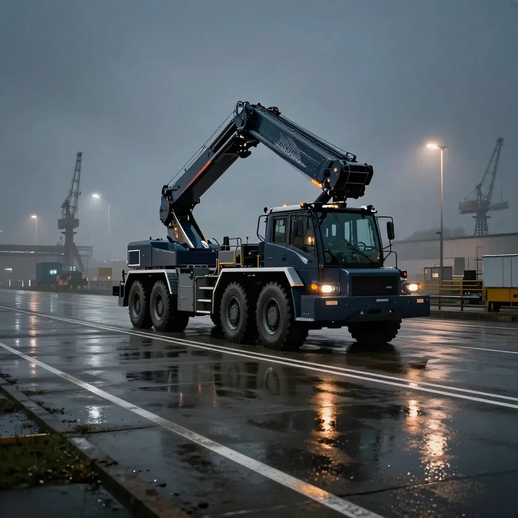 Nächtliche Terminalschicht mit geparkter Schwerlastmaschine auf nassem Beton im Hafen