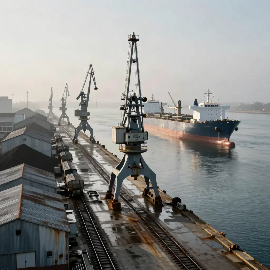 Hafenlandschaft mit Kränen, Schüttgut, Gleisen und Frachtschiff im Morgennebel.