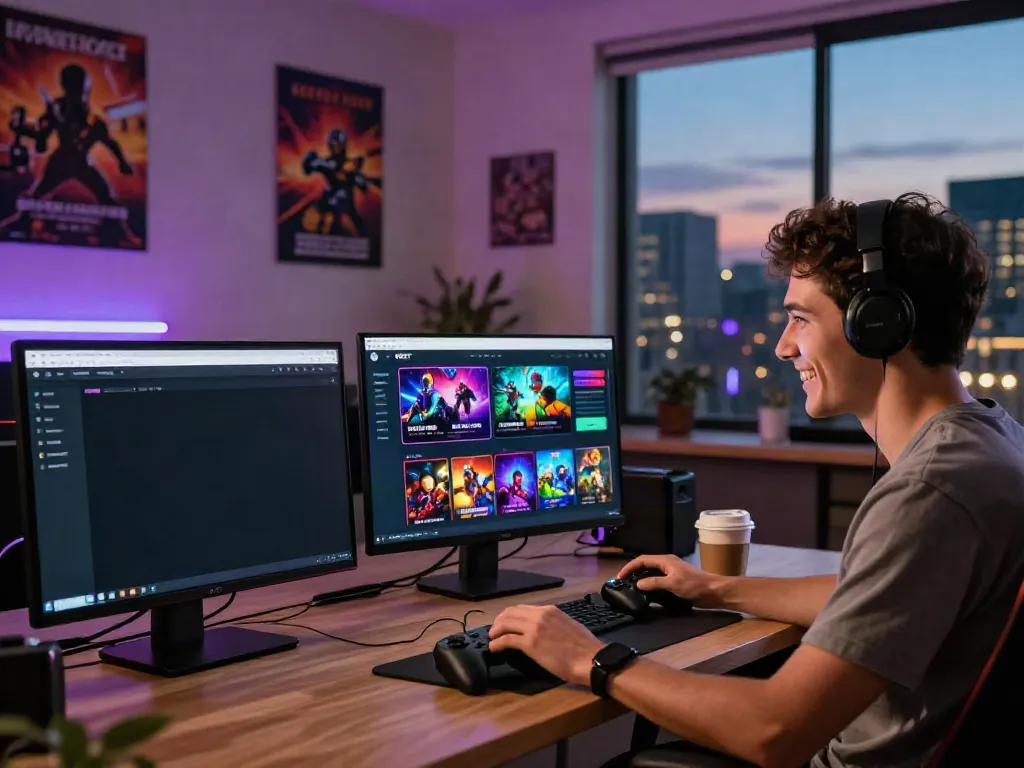 Engaged user exploring gaming options on https://nbet.group/, showcasing vibrant graphics and a cozy ambiance.