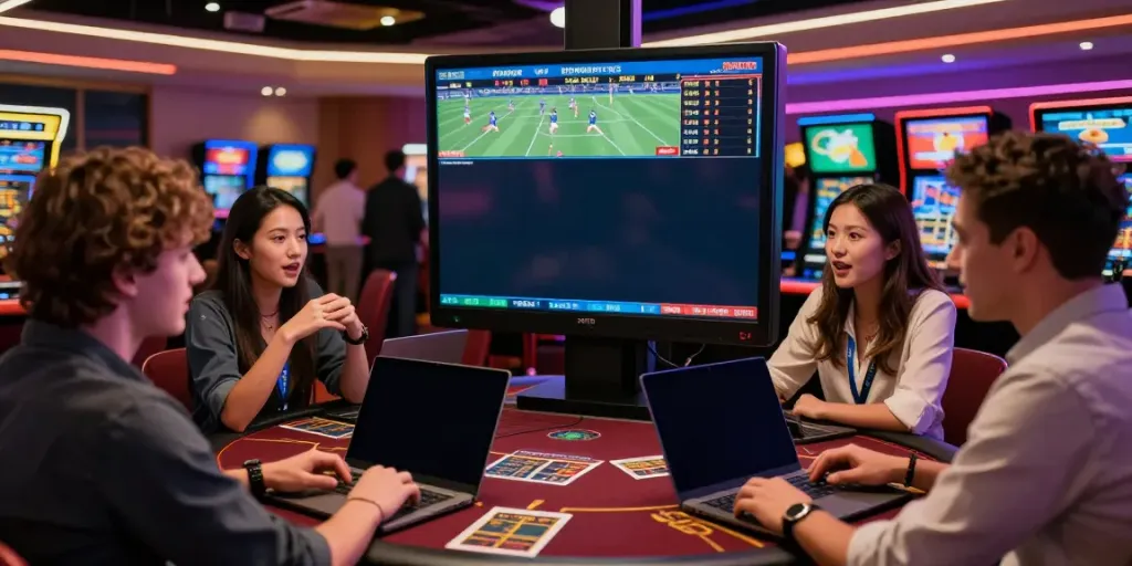 Friends enjoying sports betting at UK88 casino with live odds on screen.