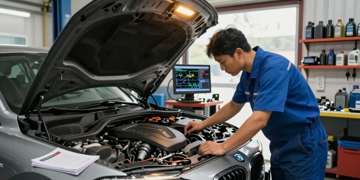 BMW Steuerkette Wechseln in einer organisierten Kfz-Werkstatt mit einem erfahrenen Mechaniker, der einen Motor inspiziert.