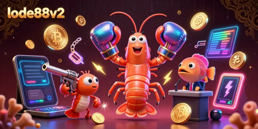 Engage with the vibrant atmosphere of lode88v2, highlighted by 3D characters and cryptocurrency elements in action.