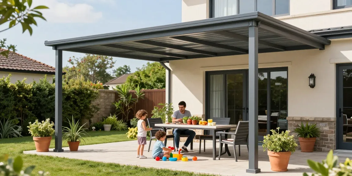 Terrassenüberdachungen in stilvollem Garten mit Familie, die sonnigen Tag genießen.