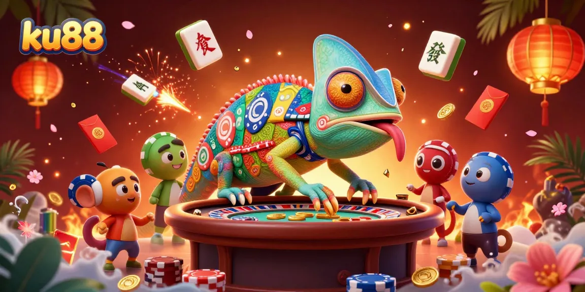 ku88 illustrates a vibrant casino scene featuring a chameleon casino owner with poker elements