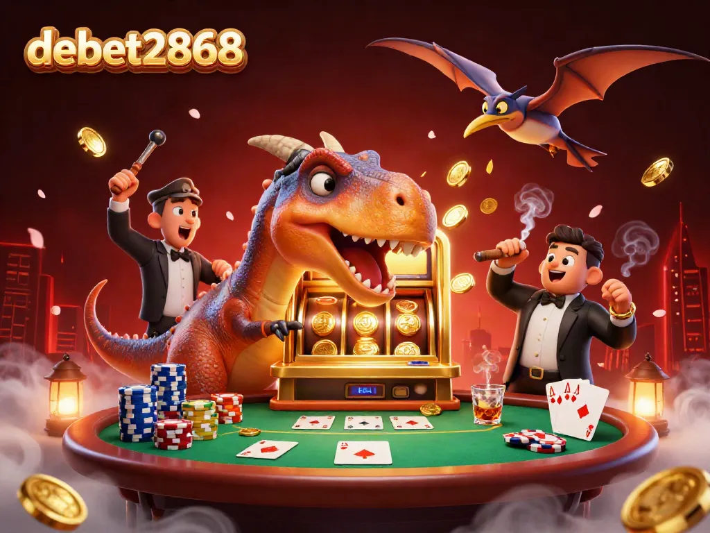 Engaging debet2868 scene depicting a dinosaur winning a jackpot at a casino.