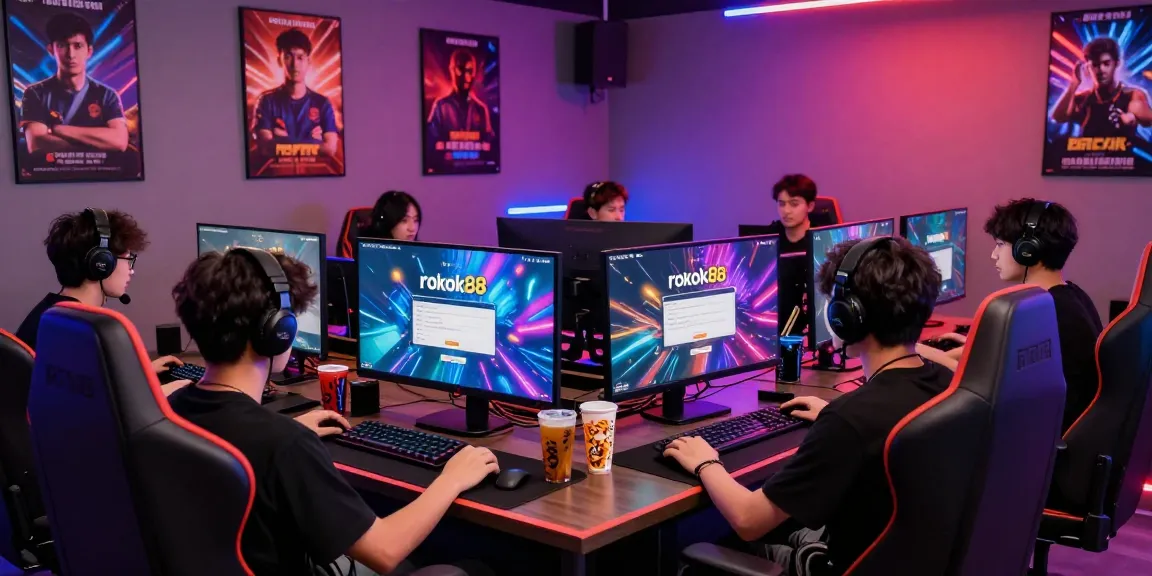Player engaging with rokok88 login screen in a vibrant gaming lounge.