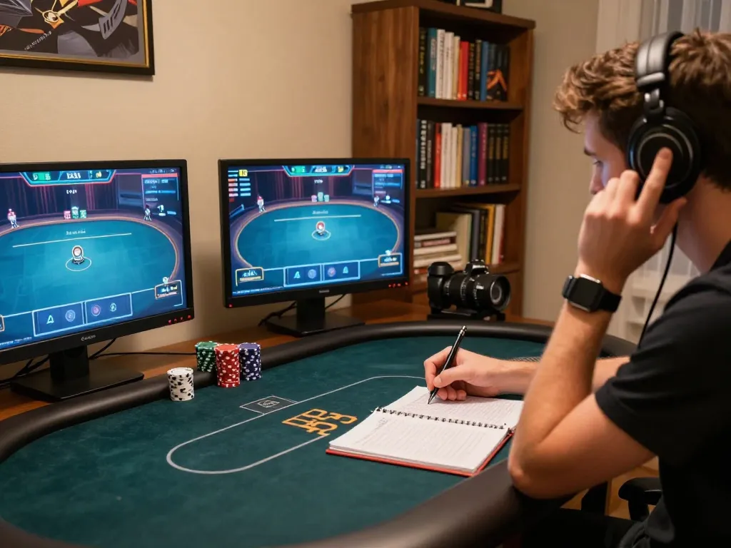Strategically playing poker on 23Win with multiple screens and focused gameplay.