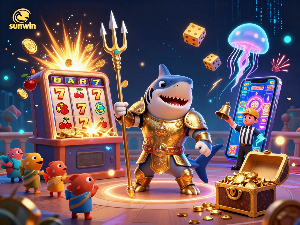 Engage with sunwin's thrilling jackpot scene featuring a golden tiger shark, slot machine boost, and festival of coins!