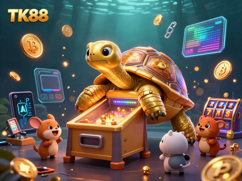 Experience the thrilling TK88 gaming scene with a golden tortoise pinball machine and lively characters.