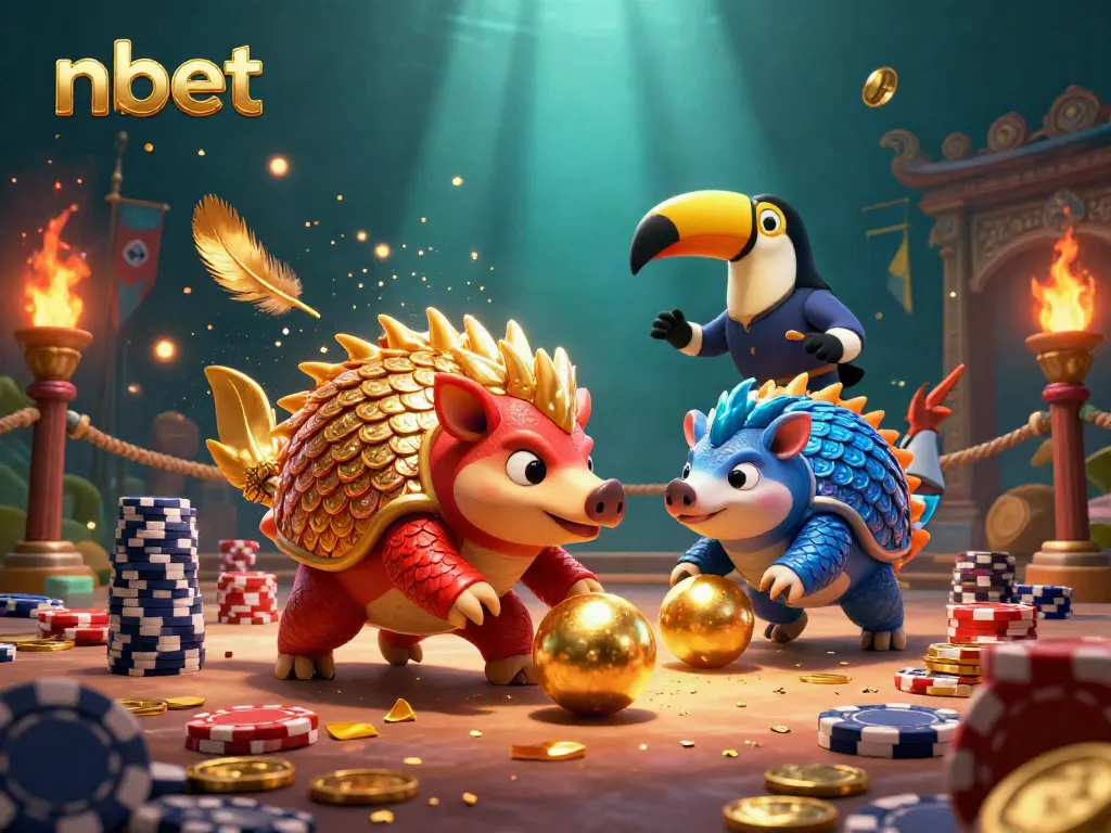 Engaging scene of pangolins in red and blue armor, showcasing nbet in a vibrant casino atmosphere.
