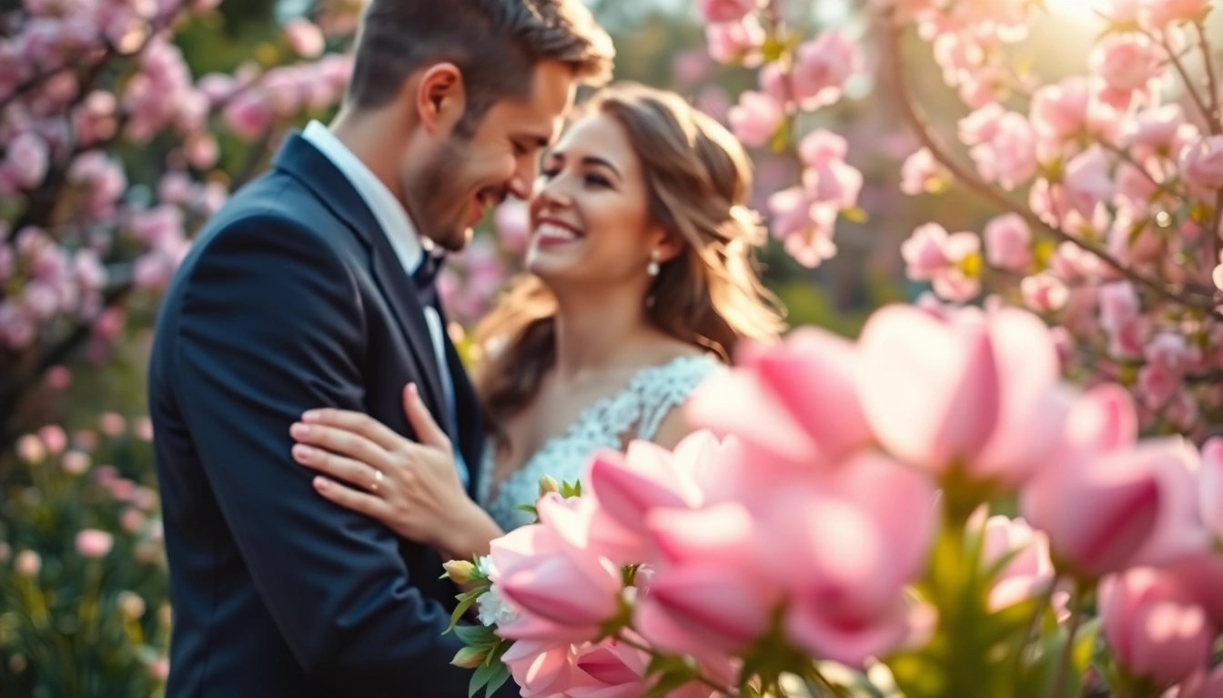 Professioneller Hochzeitsfotograf München fängt romantischen Moment zwischen Paar in blühendem Garten ein.
