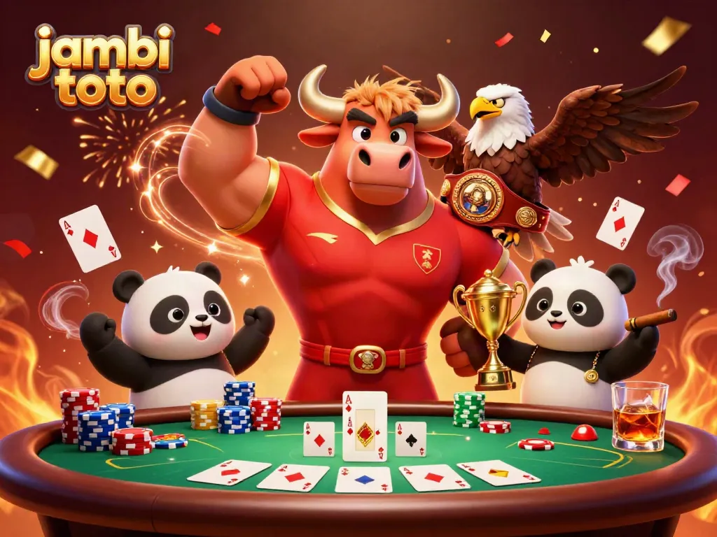 Join the excitement of jambi toto as a bull mascot celebrates victory while gaming elements surround.