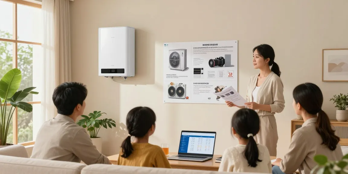 Discover where to wärmepumpe kaufen with a family discussing energy efficiency options in a modern living room.