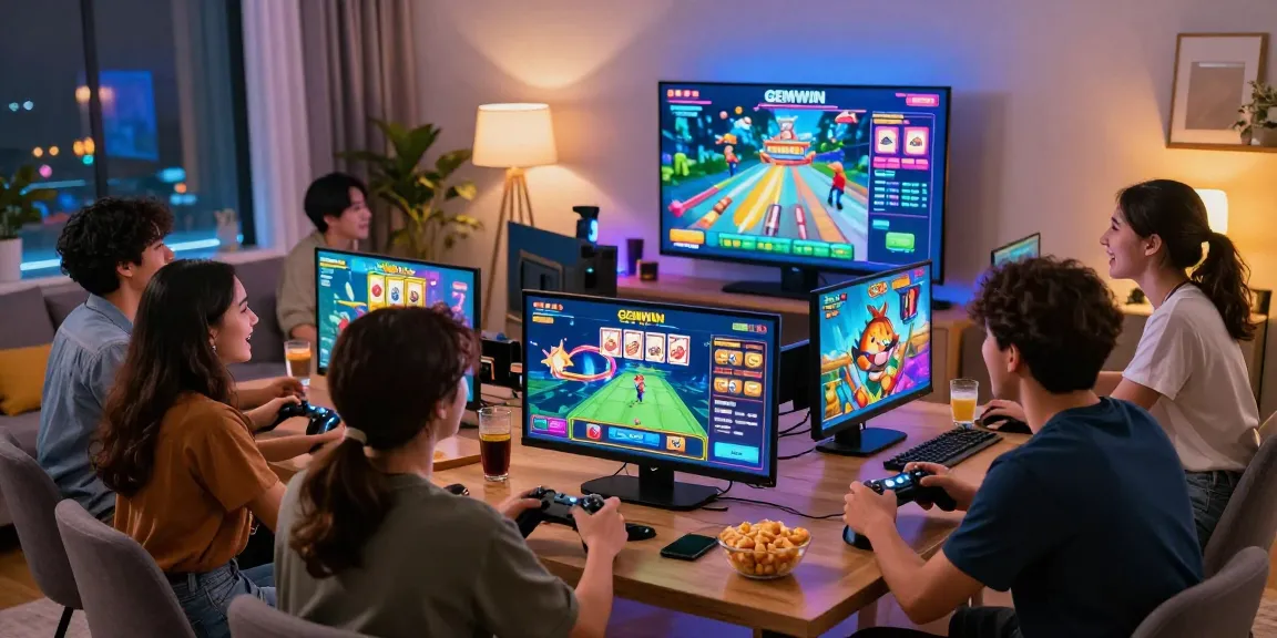 Engaging group of friends playing games on GEMWIN platform, showcasing vibrant gaming atmosphere.