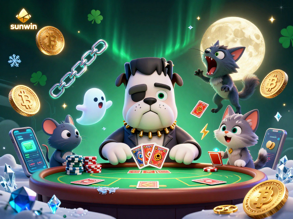 Join the exciting poker showdown with sunwin's 3D cartoon characters in a lively haunted casino scene.