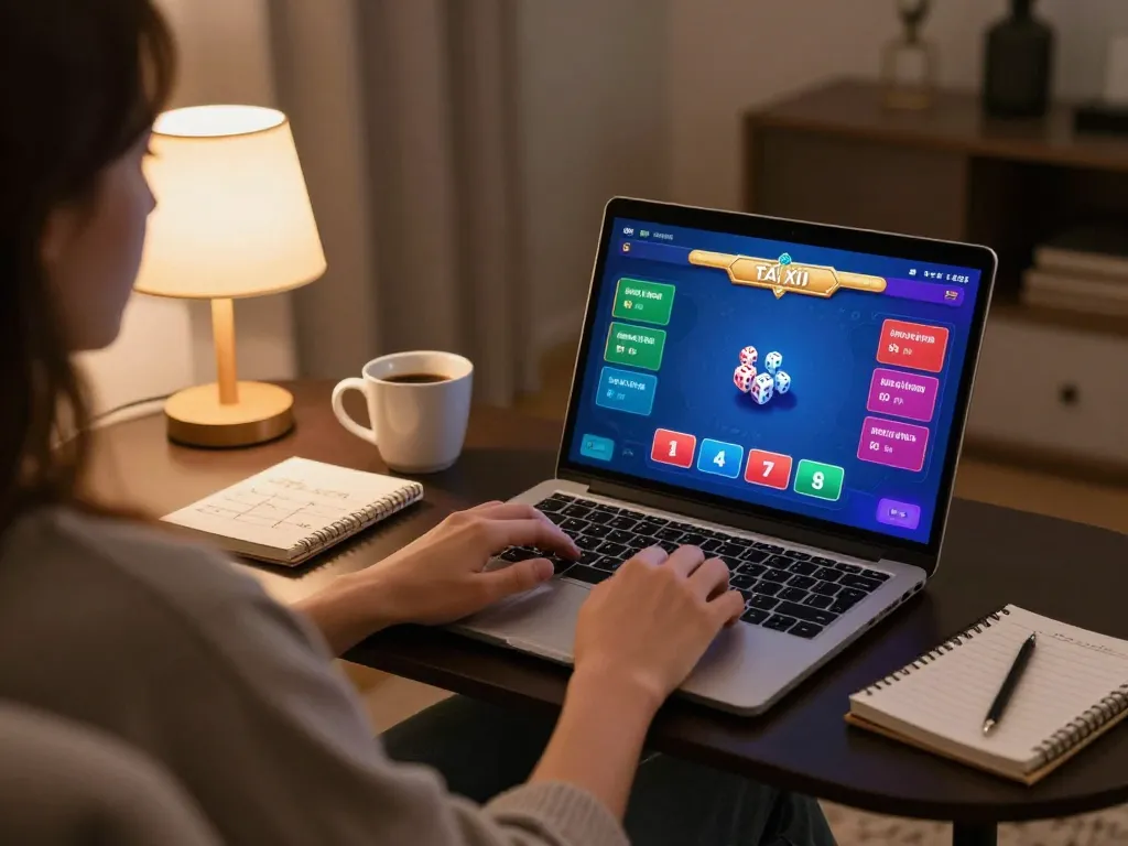 Person engaging in tài xỉu online gameplay on laptop, showcasing immersive gaming experience with strategic notes