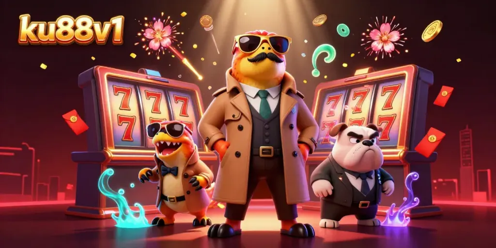 Experience exciting gaming action at ku88v1 with animated raptors entering a VIP lounge.