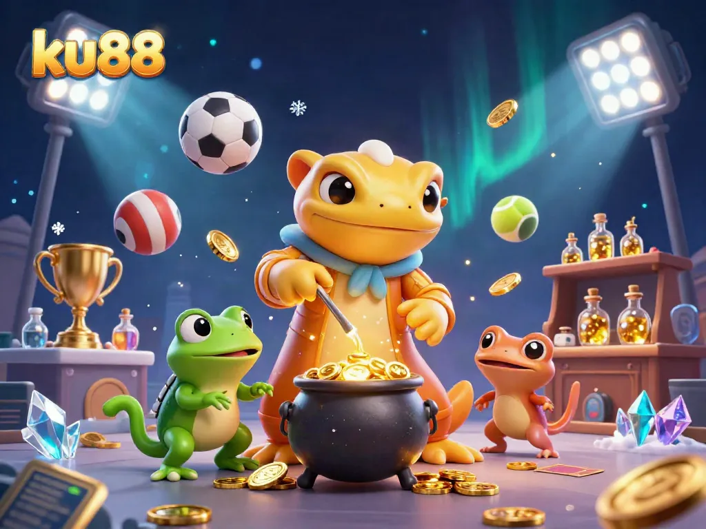 Bet big with ku88 as the golden salamander alchemist creates wealth in a magical casino scene.