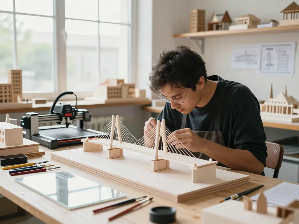 Premium Modelle in einem Architekturbüro, wo ein Modellbauer an einem präzisen Brückenmodell arbeitet.