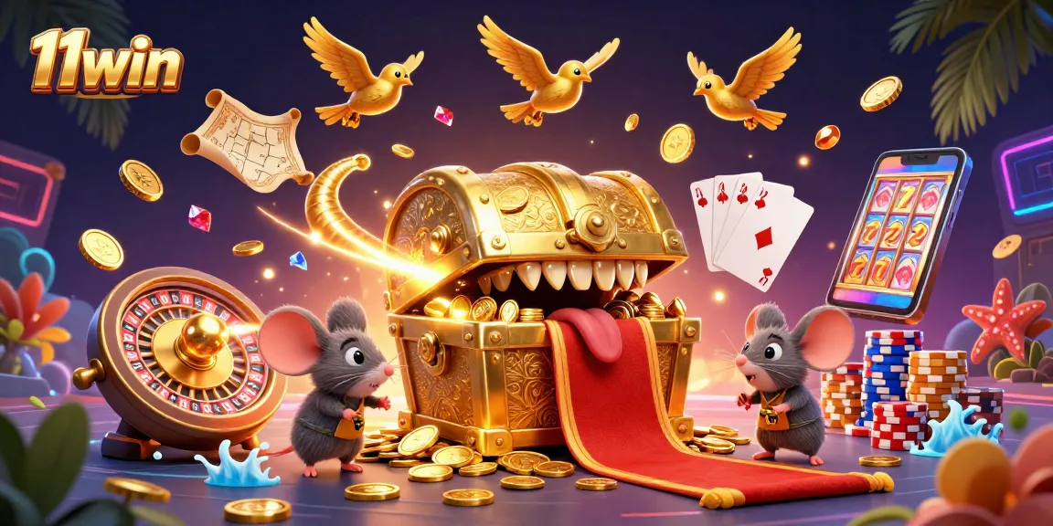 Engage with lucrative opportunities at 11win, featuring vibrant casino scenes filled with treasures and excitement.