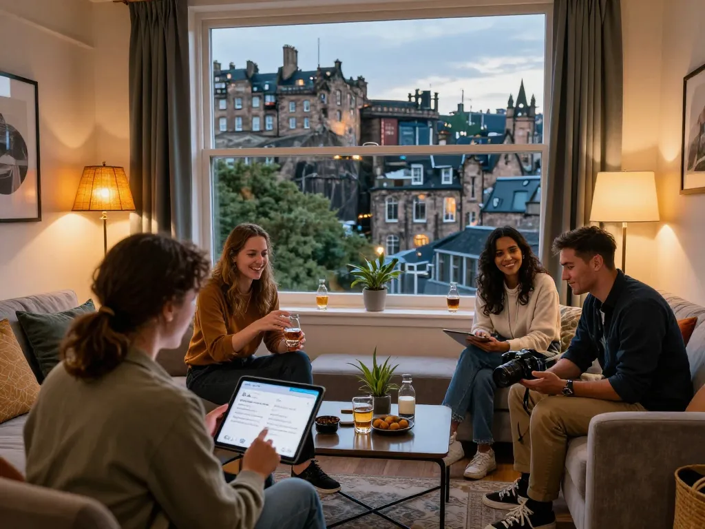 Group of travelers enjoying Airbnb management in Edinburgh, sharing stories in a cozy apartment.